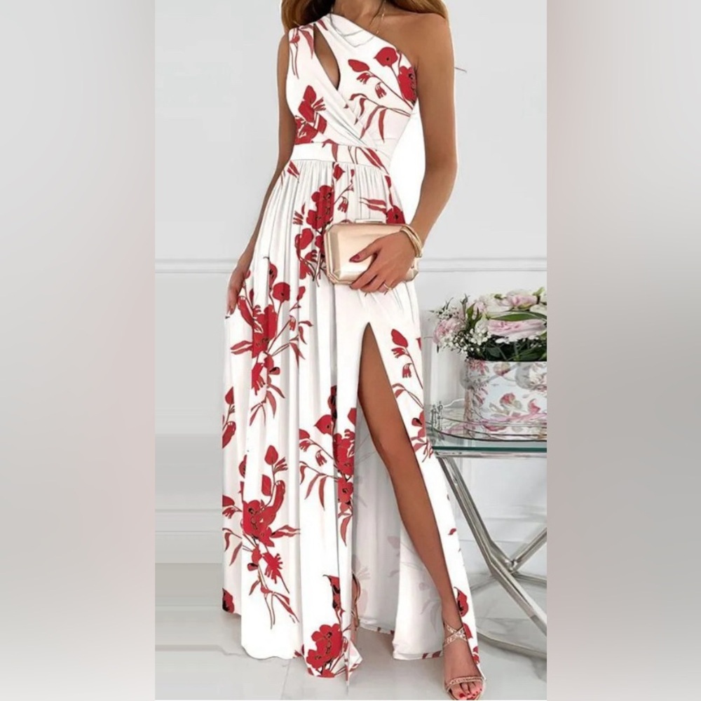 White one strap sleeveless maxi dress with red flowers.